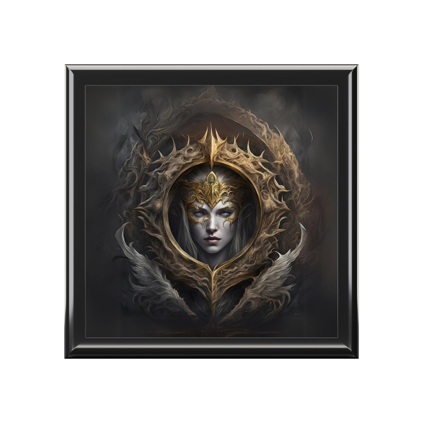 Framed artwork of a fantasy character with intricate design on a dark background