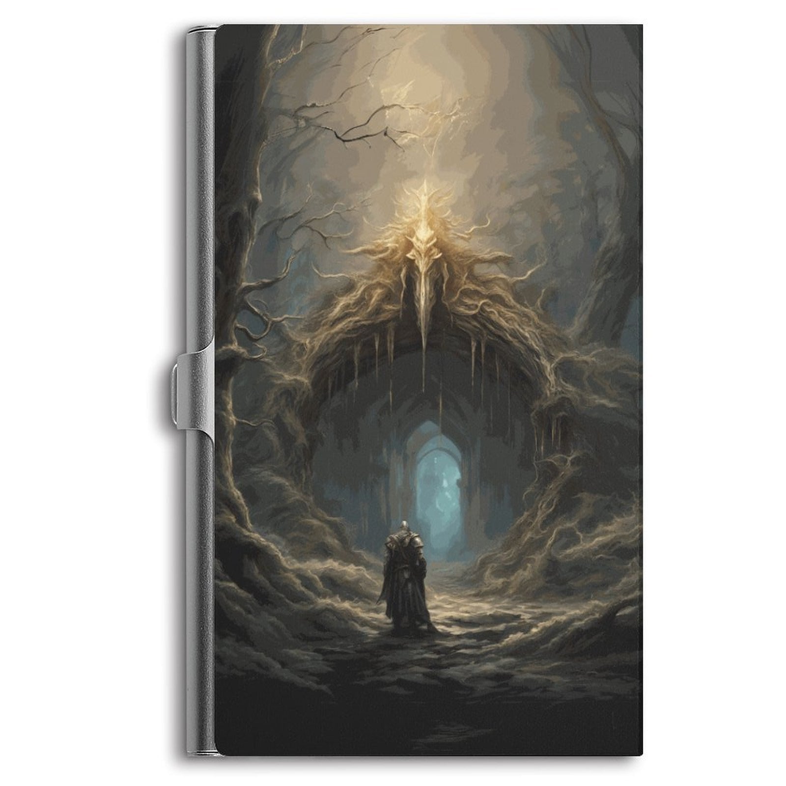 A business card holder with a dark, mystical image featuring a character and a cavernous space.