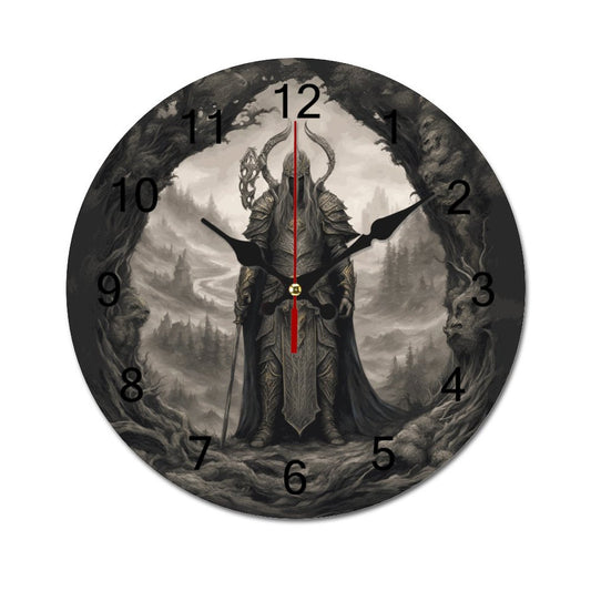 A wooden wall clock featuring a black background with a fantasy character in a dark forest setting. The clock has white and red hands, with numbers from 1 to 12 and a small symbol at the top.