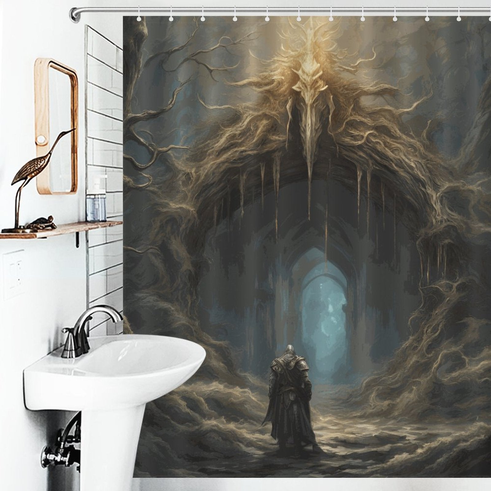 Elden Ring Warrior Shower Curtain, Gothic Folklore Gamer merch