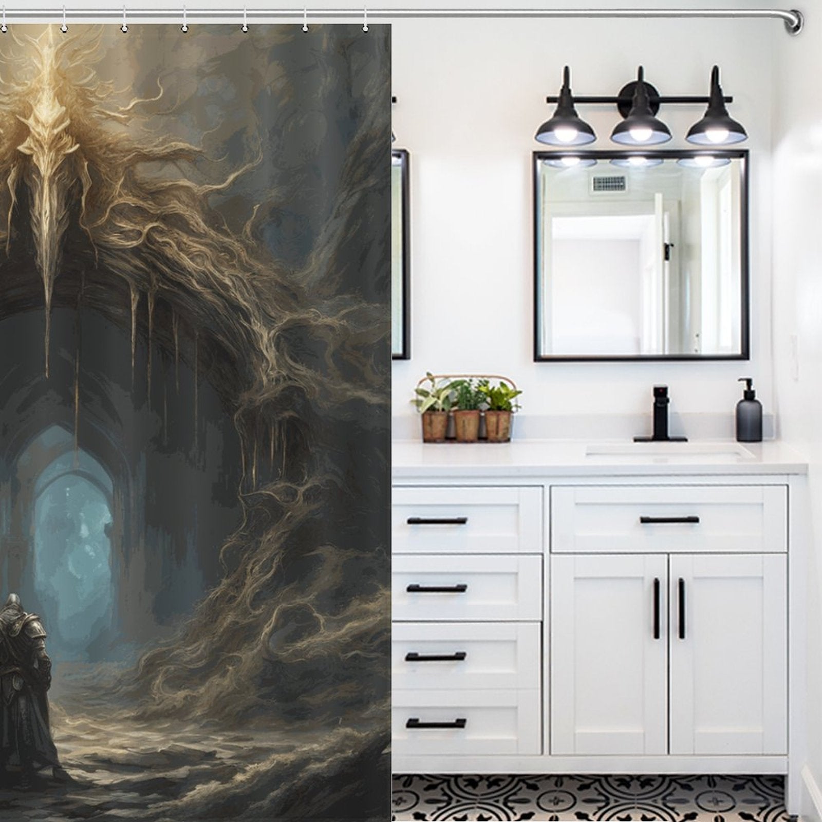 Elden Ring Warrior Shower Curtain, Gothic Folklore Gamer merch