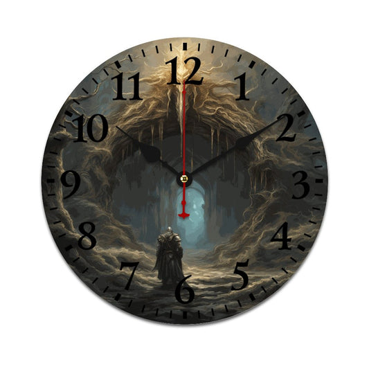 Decorative clock with fantasy design of a person standing in front of a cave entrance.