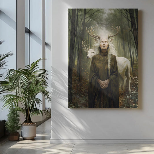 Framed artwork of a woman with deer in a forest on a wall in a modern interior.