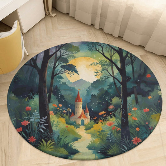 Fairytale Castle Round Coral Velvet Warm Floor Mat, Non-slip Coral Velvet Warm Floor Mat
