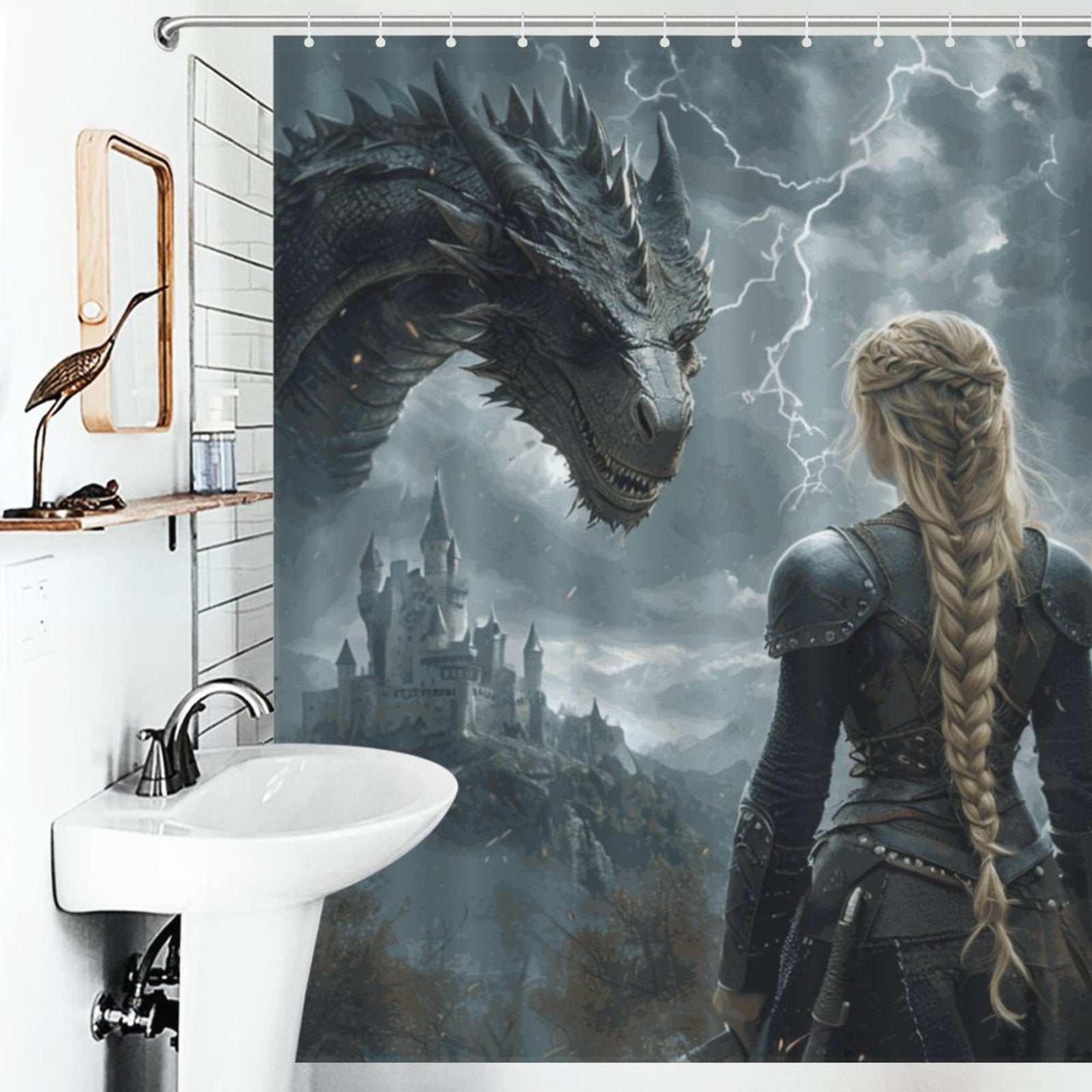 Fantasy Dragon and Warrior Shower Curtain-Fierce Women of Fantasy