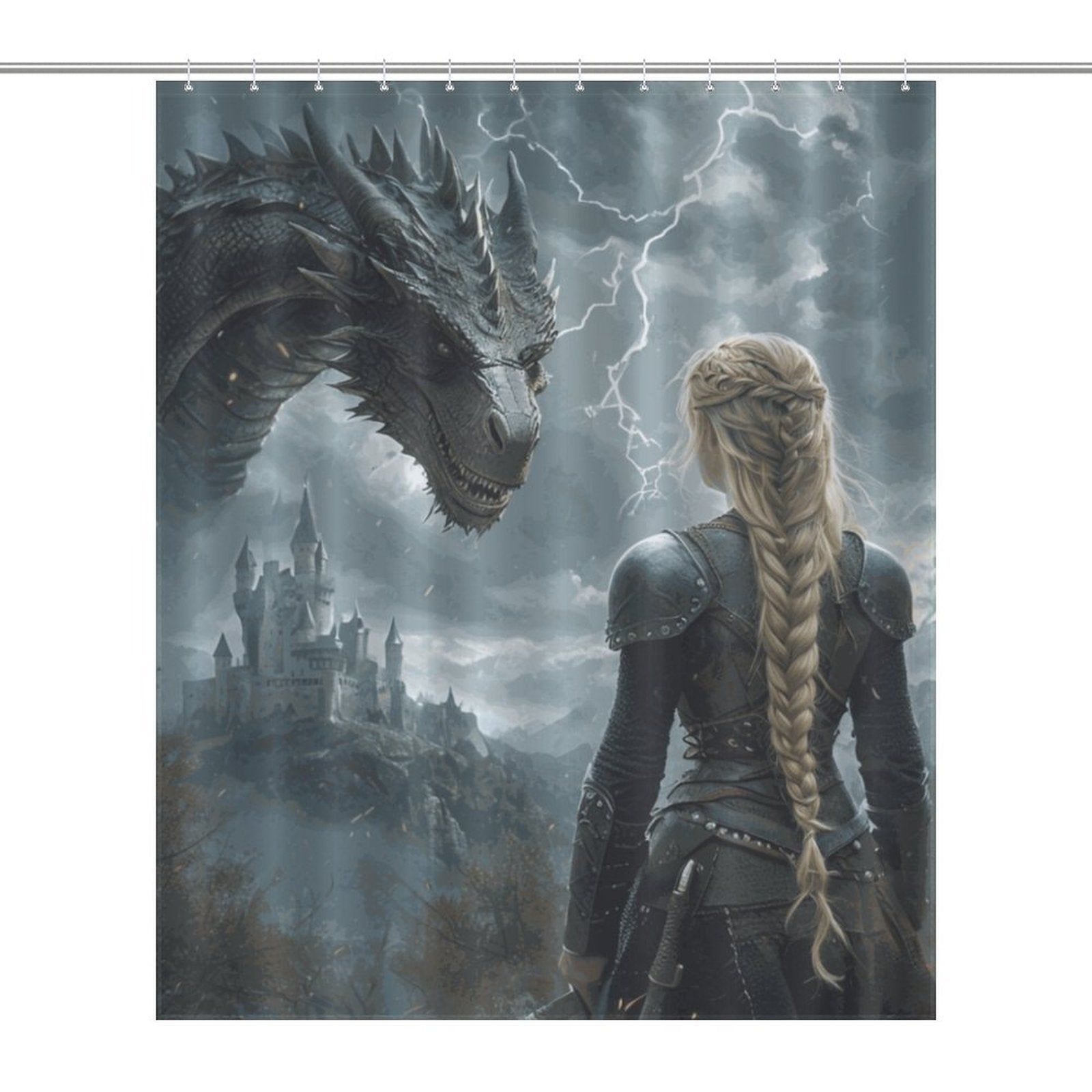 Fantasy Dragon and Warrior Shower Curtain-Fierce Women of Fantasy