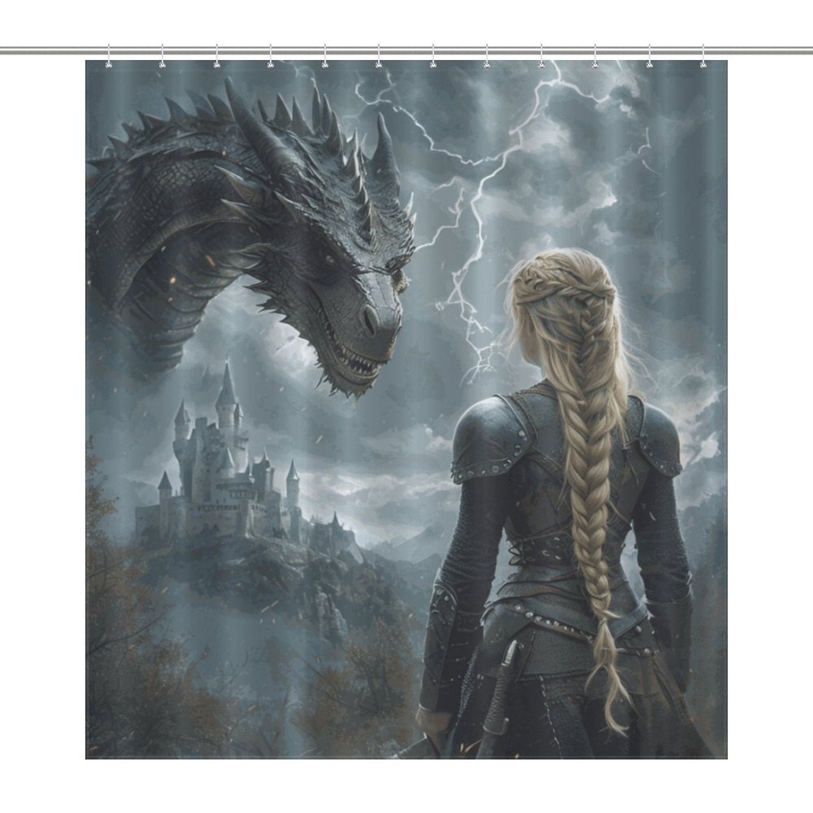 Fantasy Dragon and Warrior Shower Curtain-Fierce Women of Fantasy