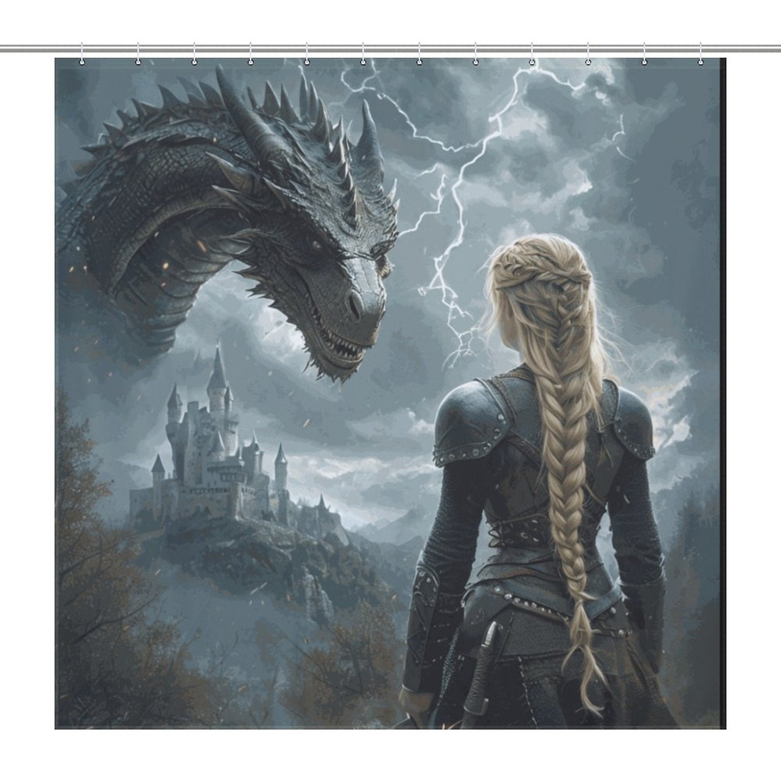 Fantasy Dragon and Warrior Shower Curtain-Fierce Women of Fantasy