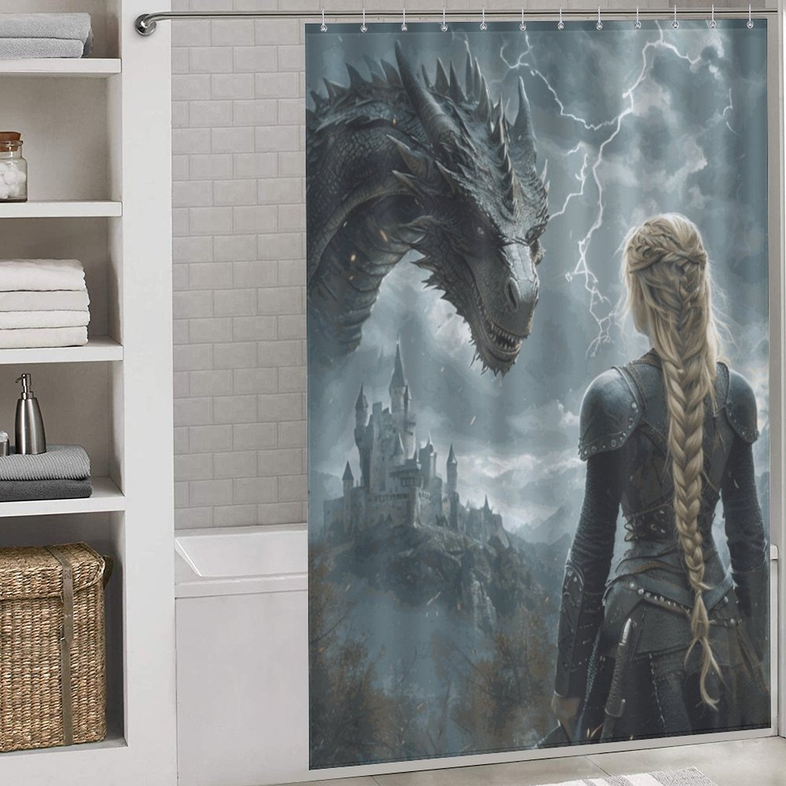 Fantasy Dragon and Warrior Shower Curtain-Fierce Women of Fantasy