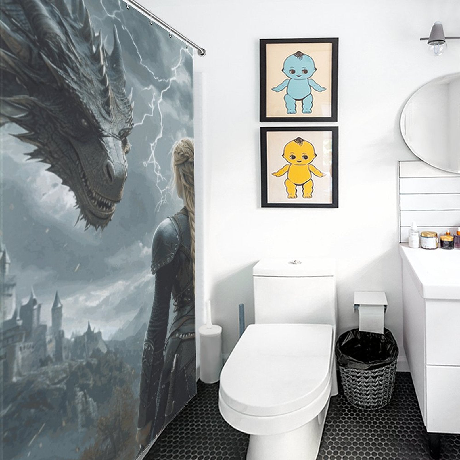 Fantasy Dragon and Warrior Shower Curtain-Fierce Women of Fantasy
