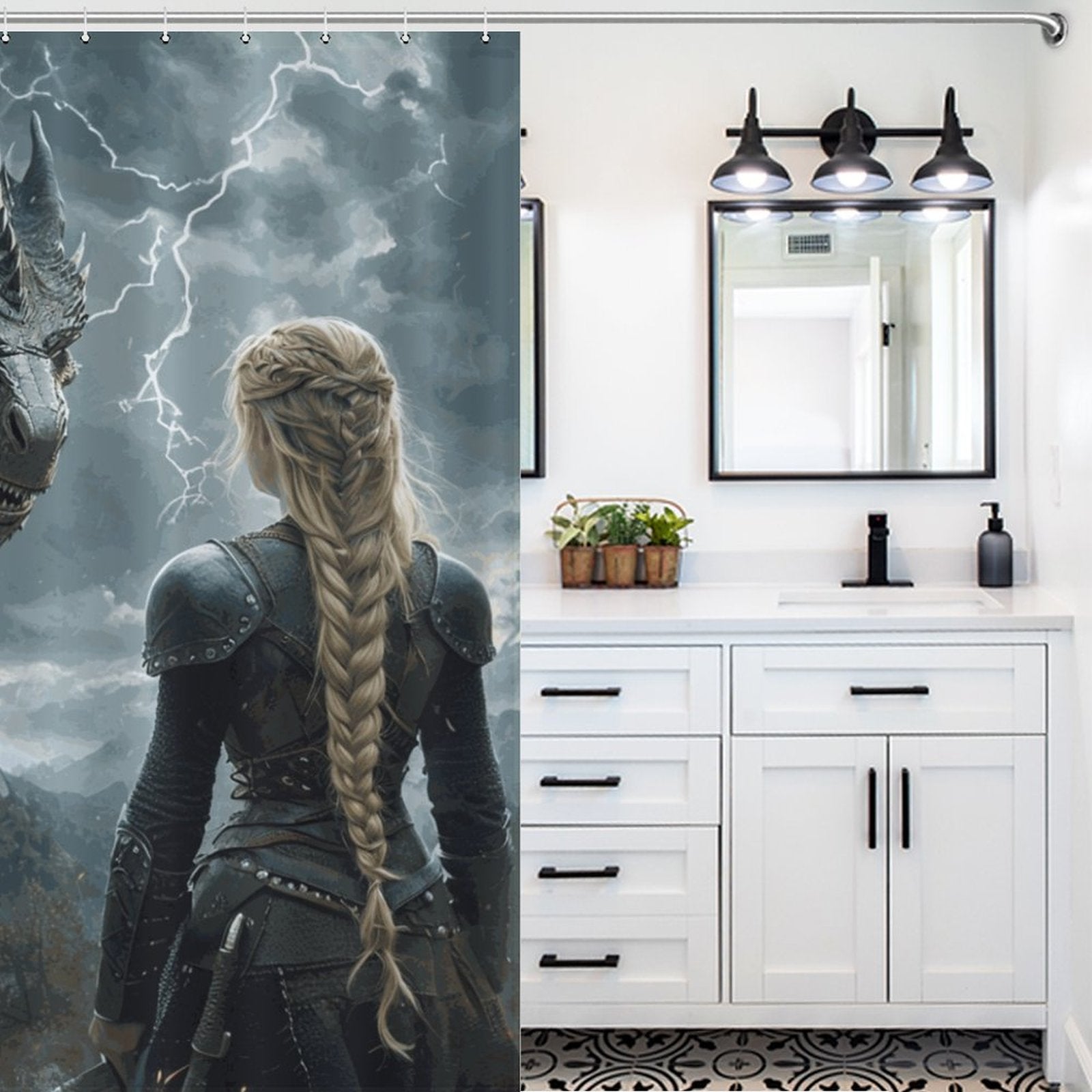 Fantasy Dragon and Warrior Shower Curtain-Fierce Women of Fantasy