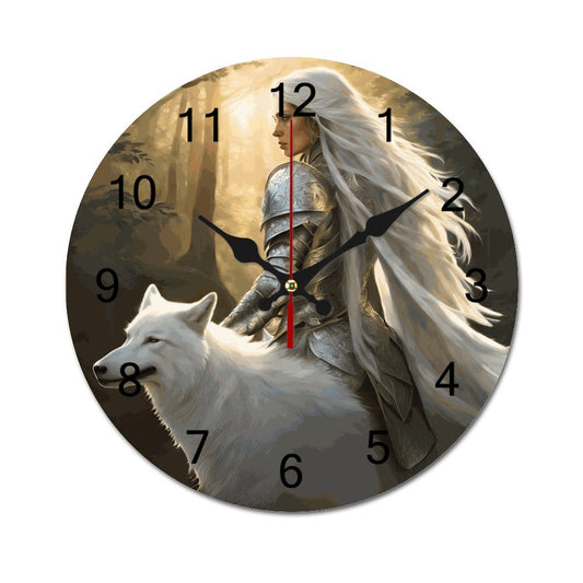 A wall clock featuring a fantasy-themed illustration with a character on horseback trampling a wolf, set against a forest and sunset background.