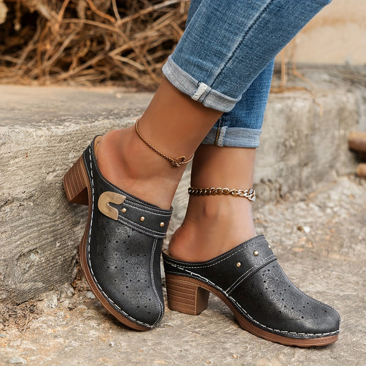 Women's Floral Pattern Clogs, Soft Sole Walking Mules With Chunky Heel Shoes