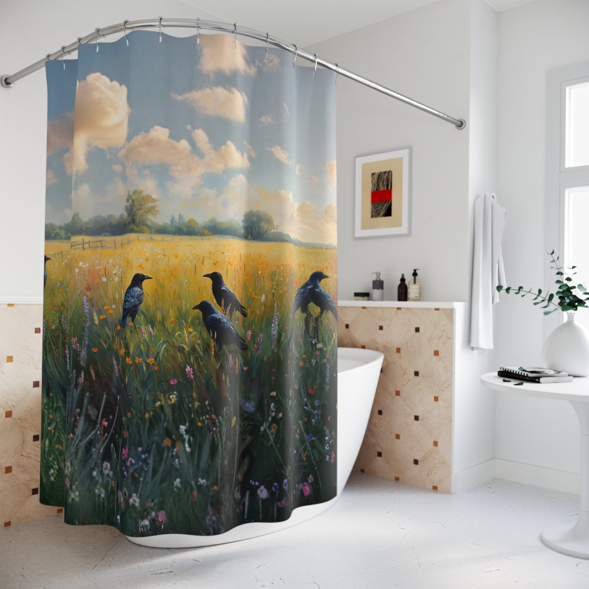 Shower curtain with a nature scene of birds in a field in a bathroom.