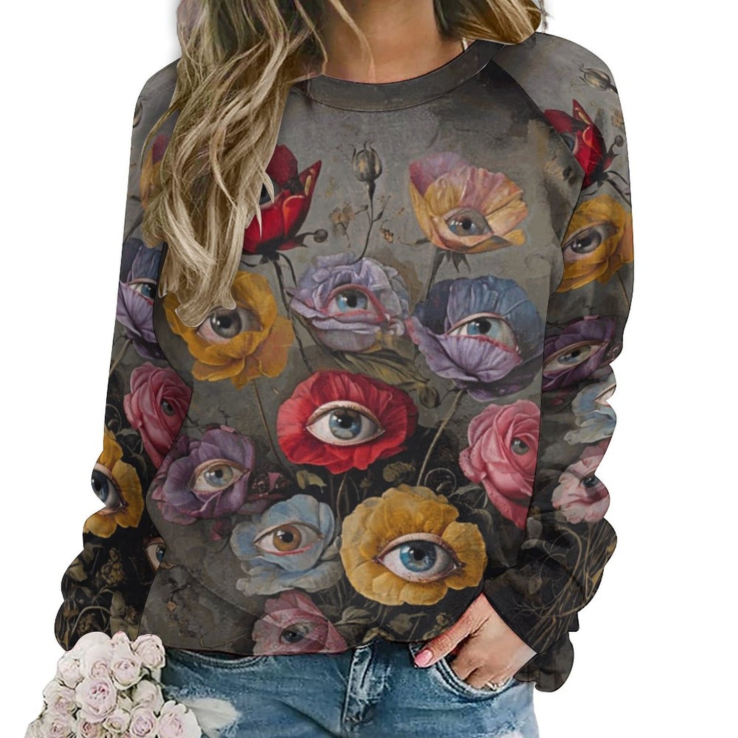 Floral Eyes Raglan Style Sweatshirt - Weirdcore Dark Academia