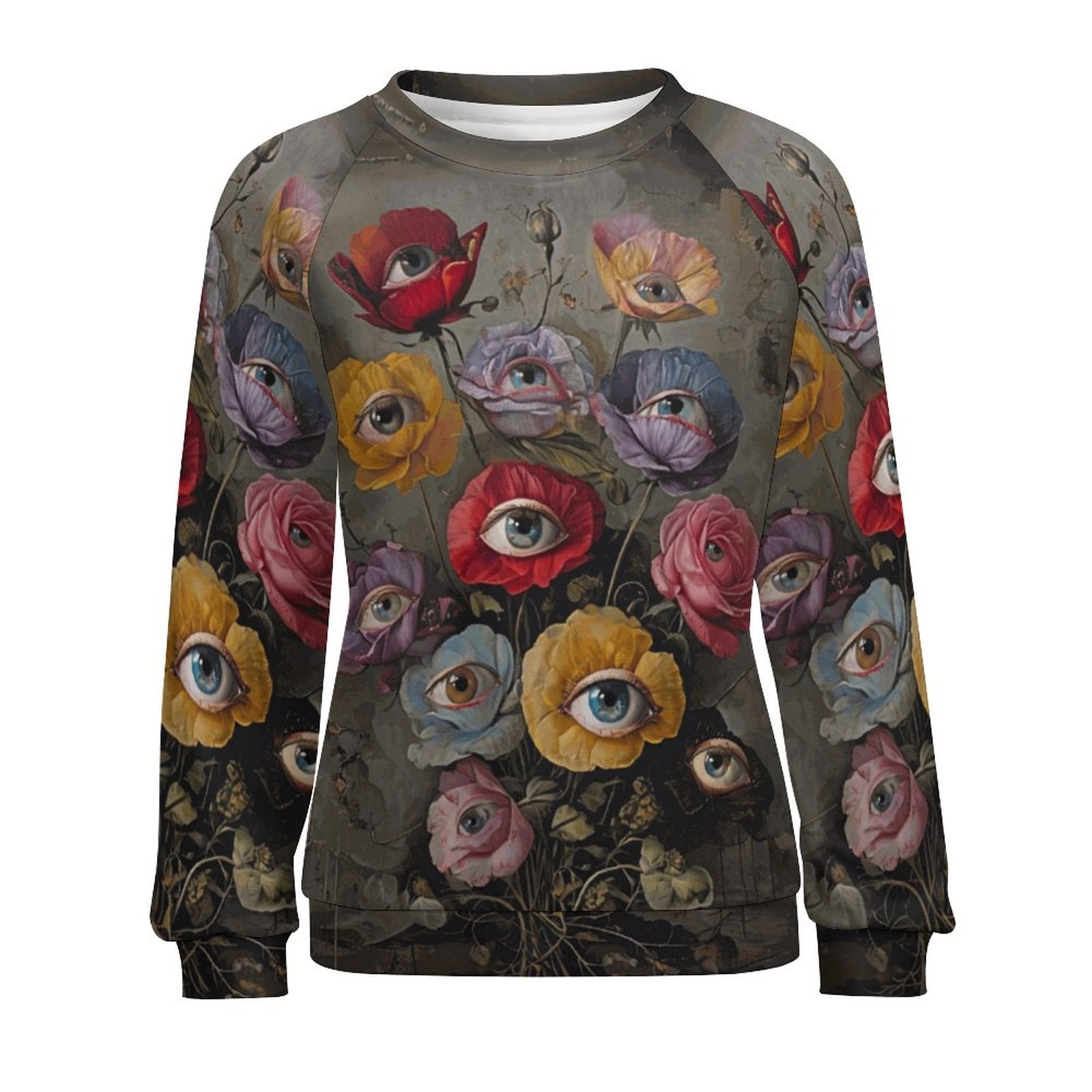 Sweatshirt with floral and eye design on a plain background