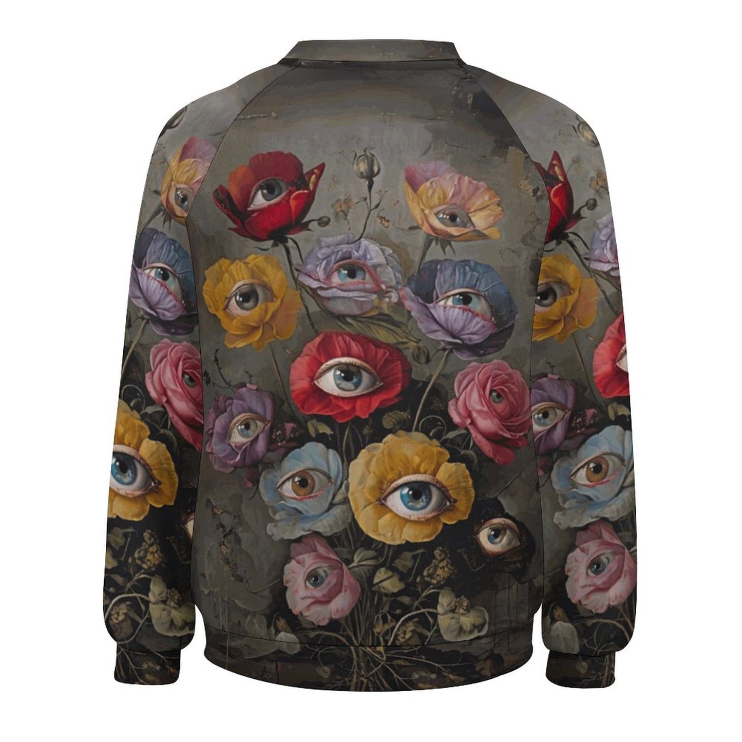 Jacket with artistic design of eyes and flowers on a plain background