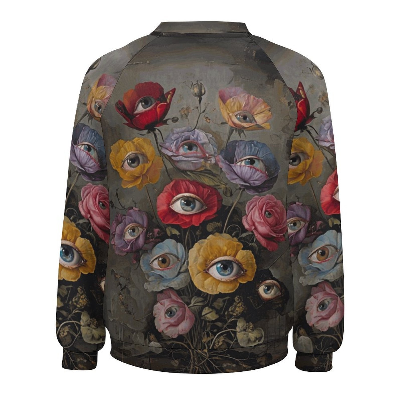 Jacket with artistic design of eyes and flowers on a plain background