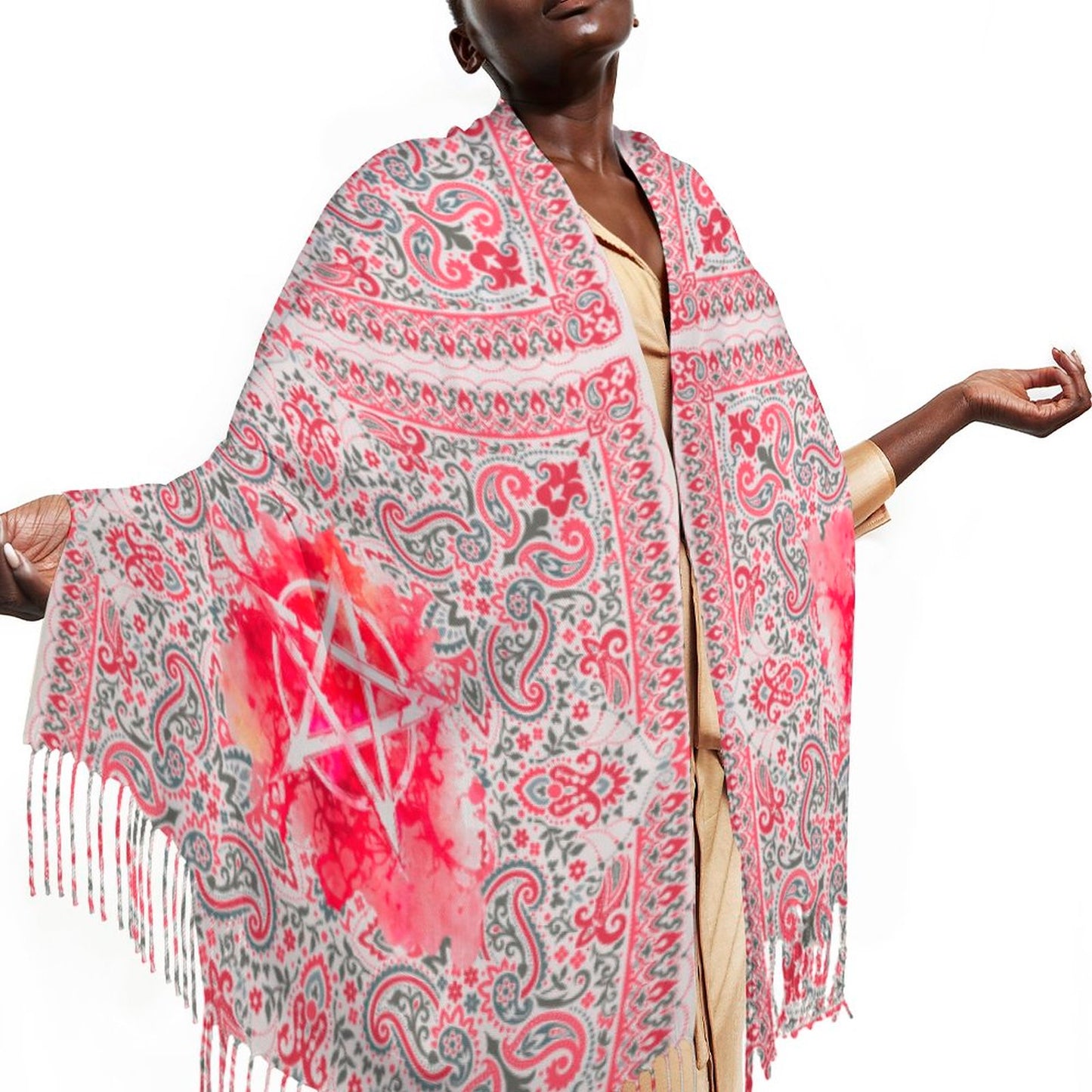 Floral Paisley Pink Pentagram Super Soft Tassel Scarf: the ultimate paisley party for your neck! Witchcore Witchy Stuff for the Holidays!