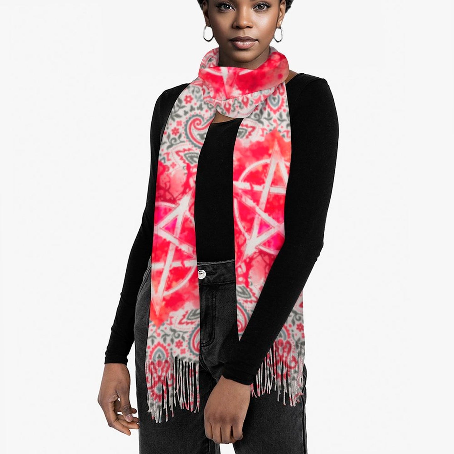 Floral Paisley Pink Pentagram Super Soft Tassel Scarf: the ultimate paisley party for your neck! Witchcore Witchy Stuff for the Holidays!