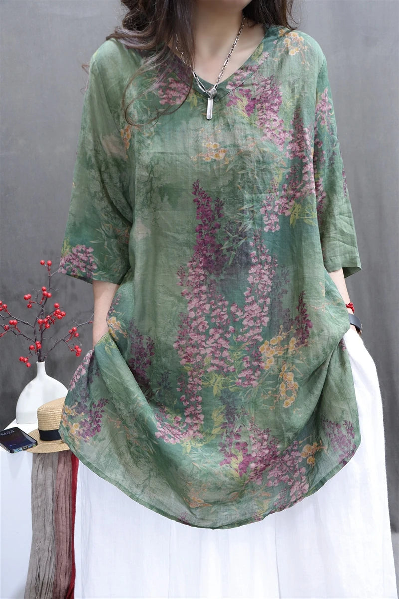 Floral Printed Long Ramie Blouse, Literary V-neck Long Casual Top