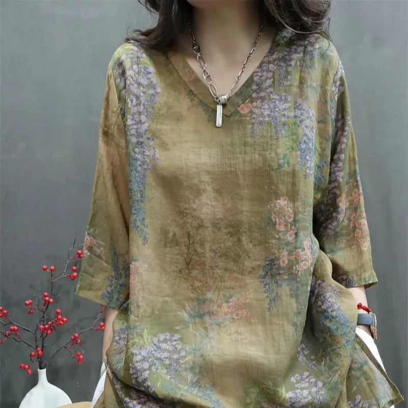 Floral Printed Long Ramie Blouse, Literary V-neck Long Casual Top