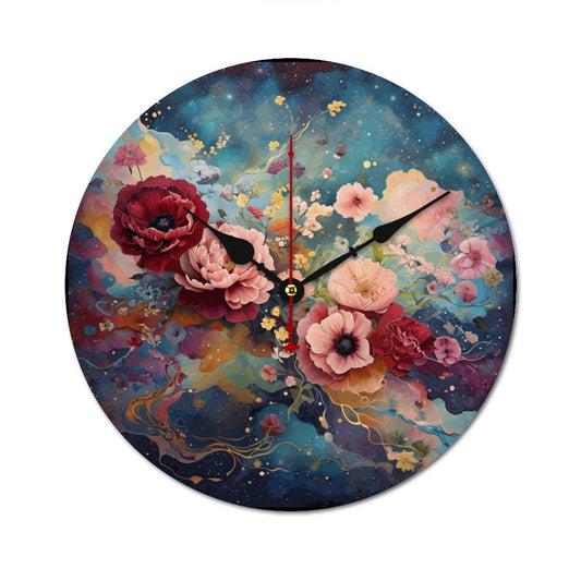 A wooden wall clock without a scale, featuring a floral design with prominent red and pink flowers, set against a rustic background.