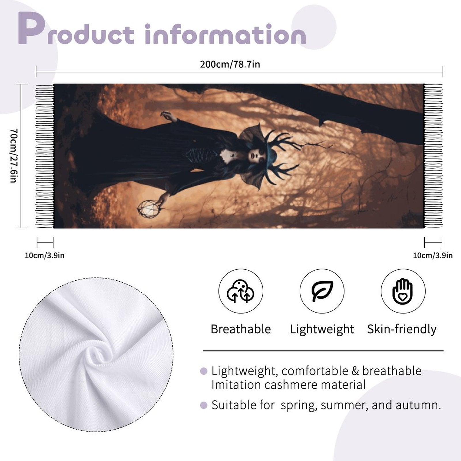 Forest Witch Cashmere-like Tassel Scarf, Witchcraft occult Moon Goddess shawl