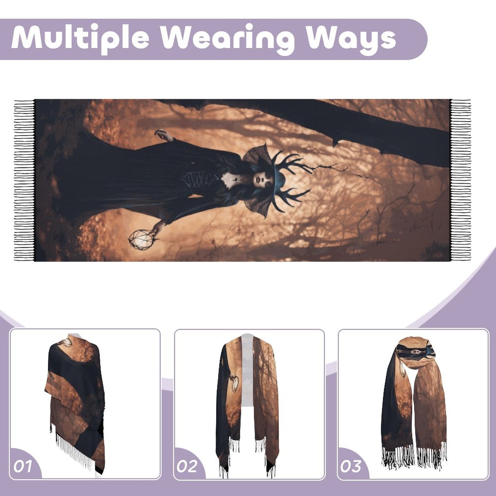 Forest Witch Cashmere-like Tassel Scarf, Witchcraft occult Moon Goddess shawl