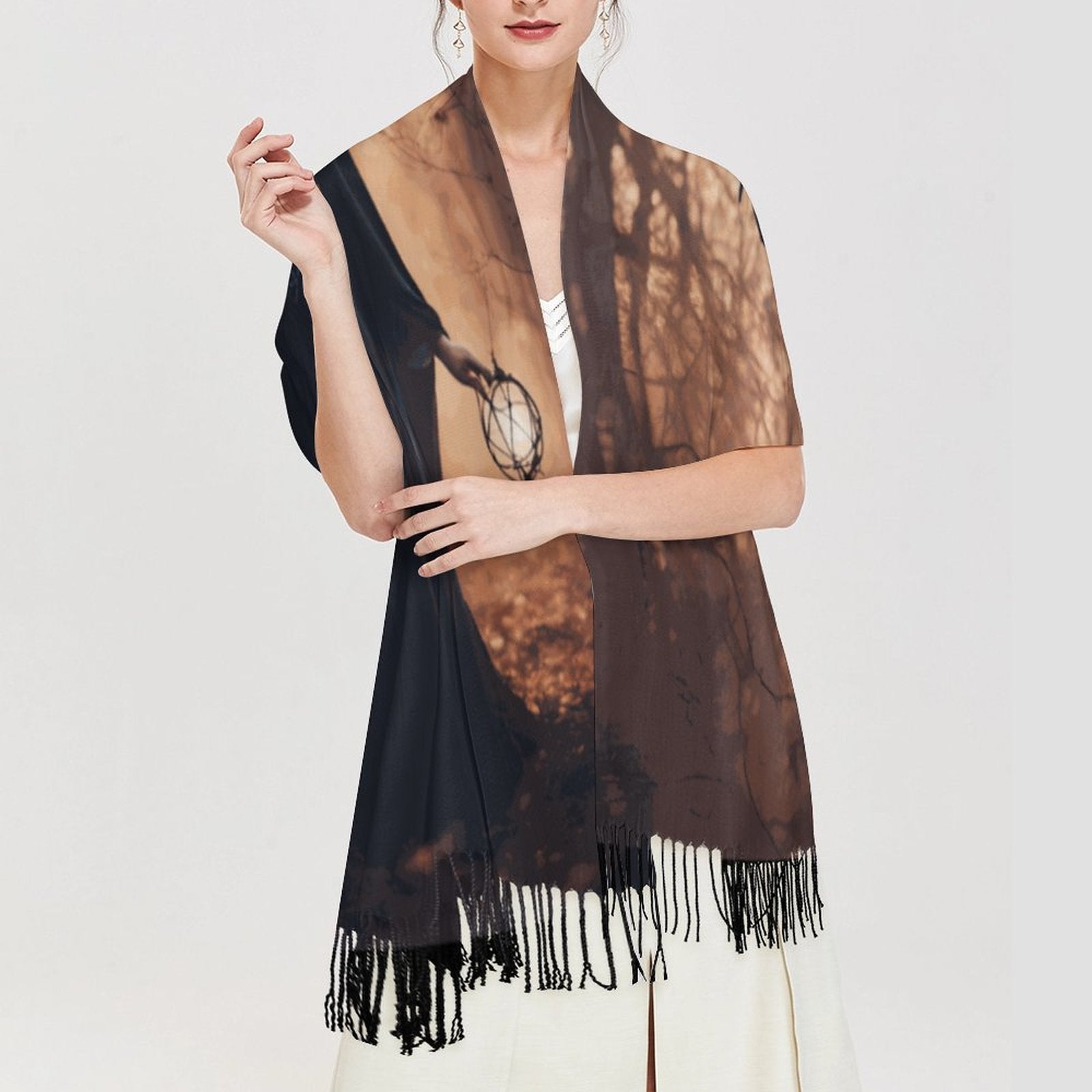 Forest Witch Cashmere-like Tassel Scarf, Witchcraft occult Moon Goddess shawl
