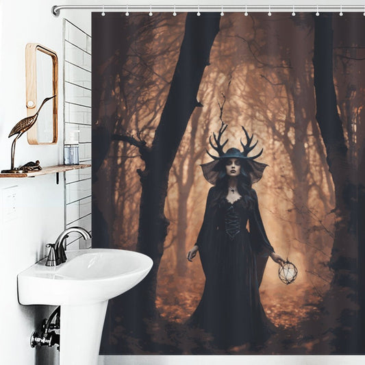 Forest Witch Shower Curtain, Gothic Decor, winter solstice moon goddess