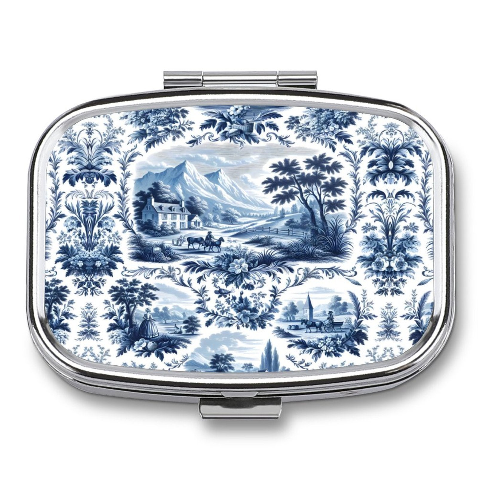 Compact mirror with blue and white landscape design on a white background