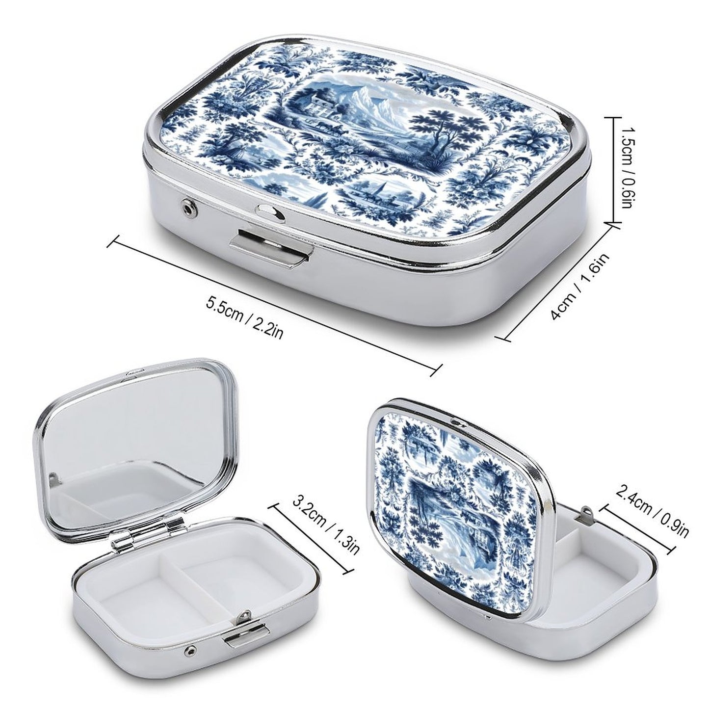 Rectangular jewelry box with blue floral pattern and dimensions displayed
