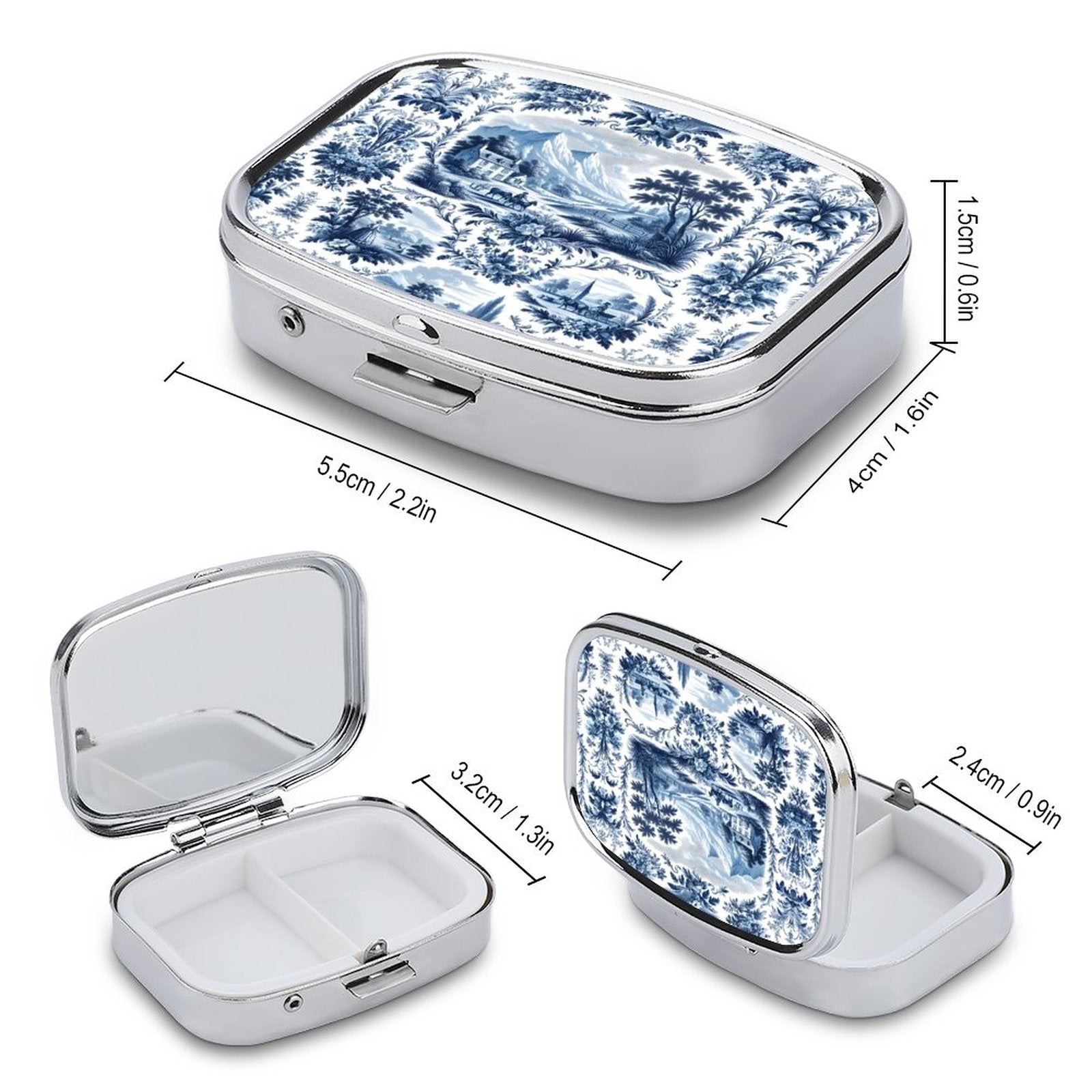 Rectangular jewelry box with blue floral pattern and dimensions displayed