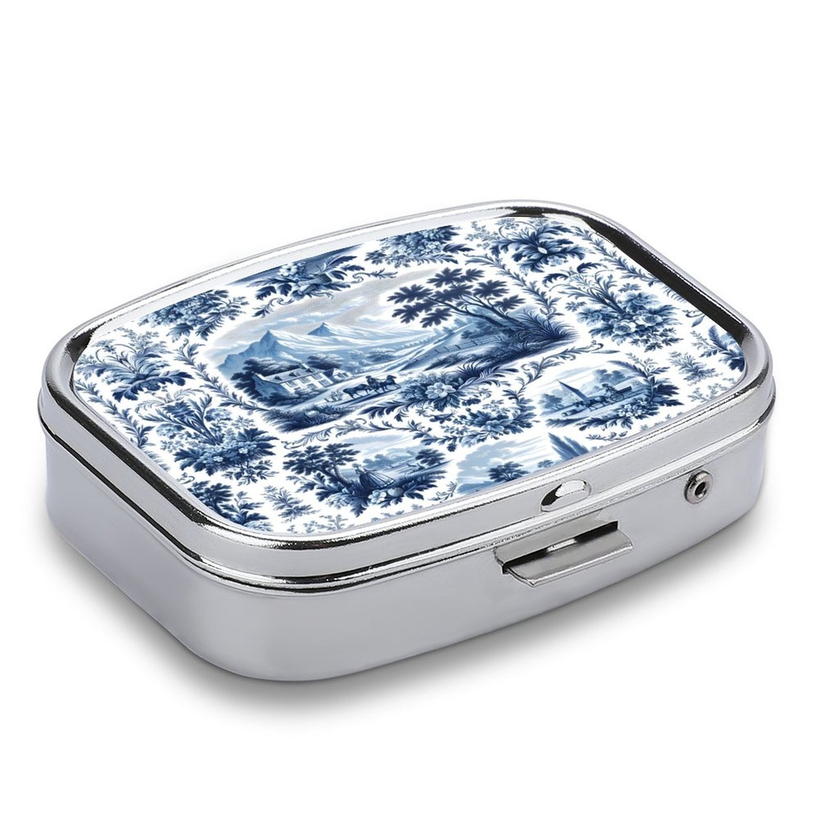 Rectangular pill box with blue floral design on a white background