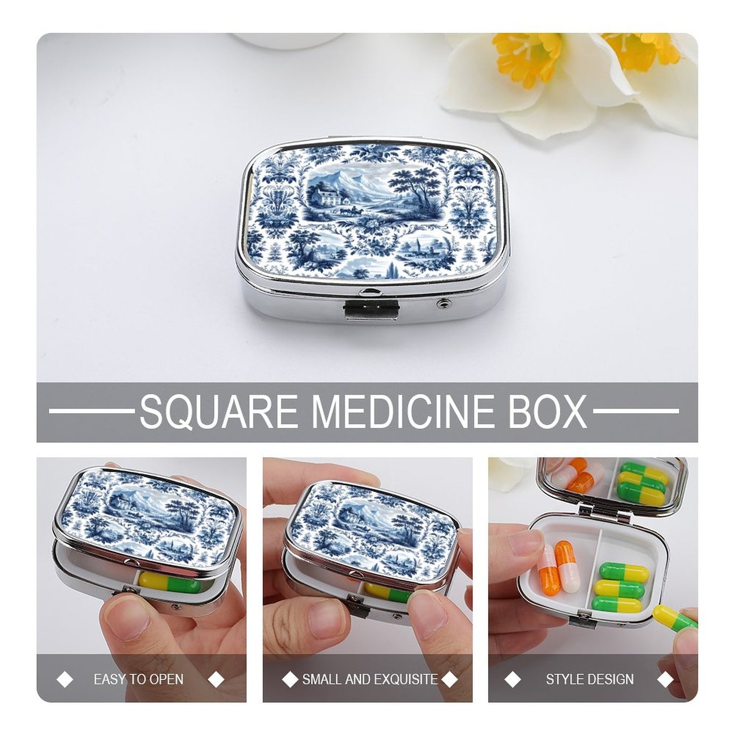 Square medicine box with blue floral design on a white background