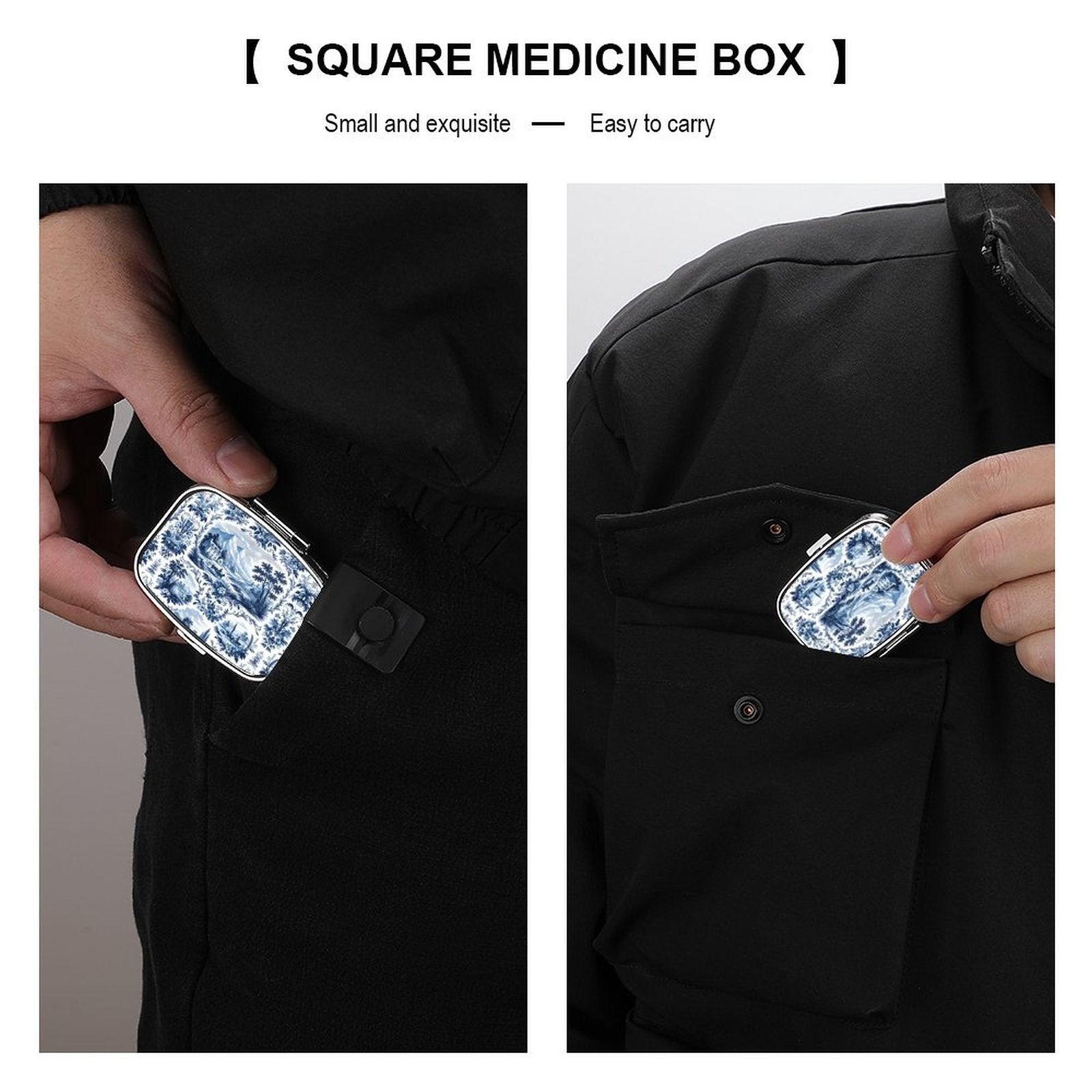 Square medicine box being placed into a black jacket pocket