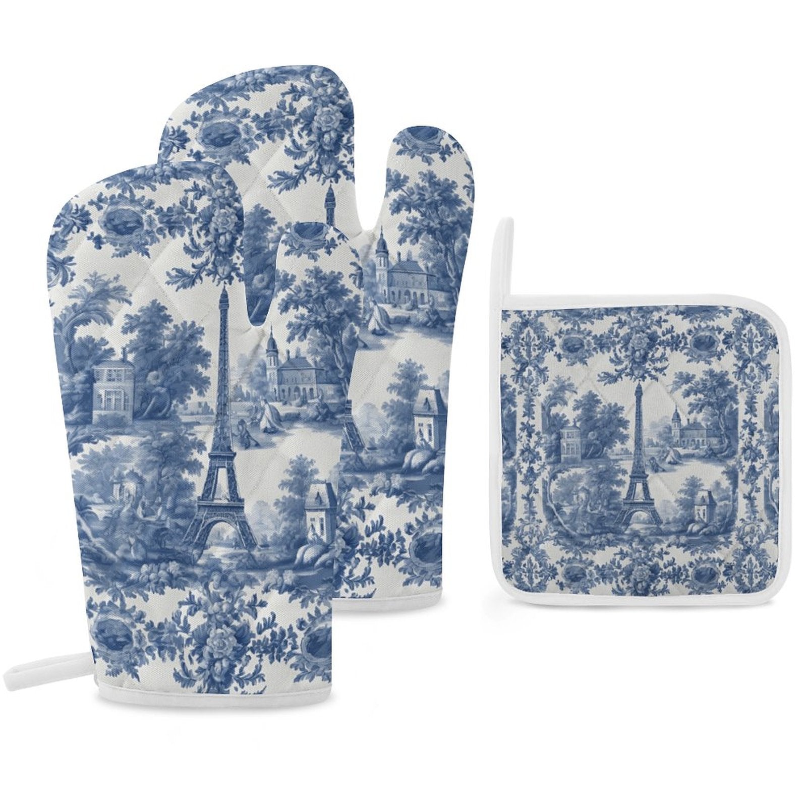 Blue and white floral-patterned oven mitt and pot holder with Eiffel Tower design on a white background.