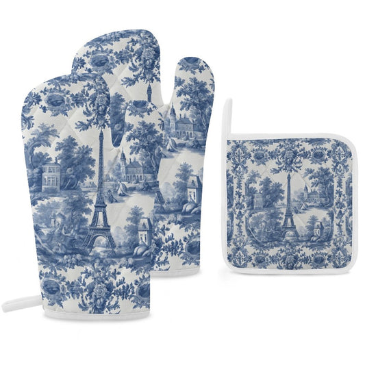 Blue and white floral-patterned oven mitt and pot holder with Eiffel Tower design on a white background.