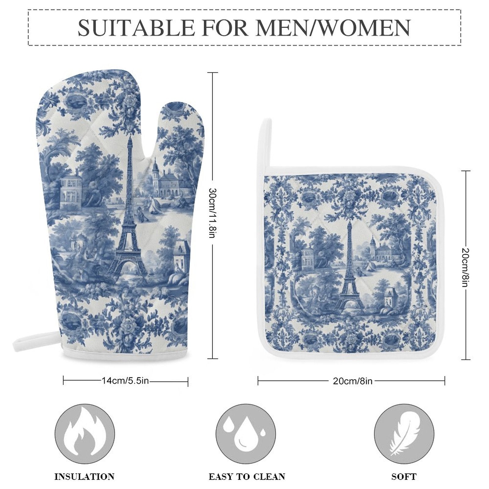 Oven mitt and pot holder with Eiffel Tower design and measurements on a white background