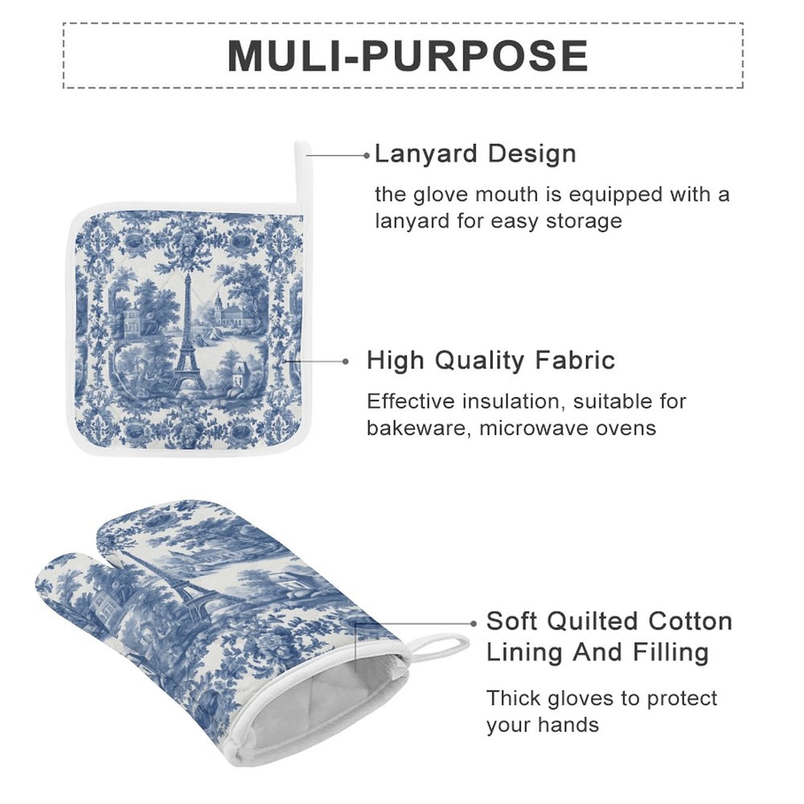 Blue floral oven mitt and potholder with text on a white background