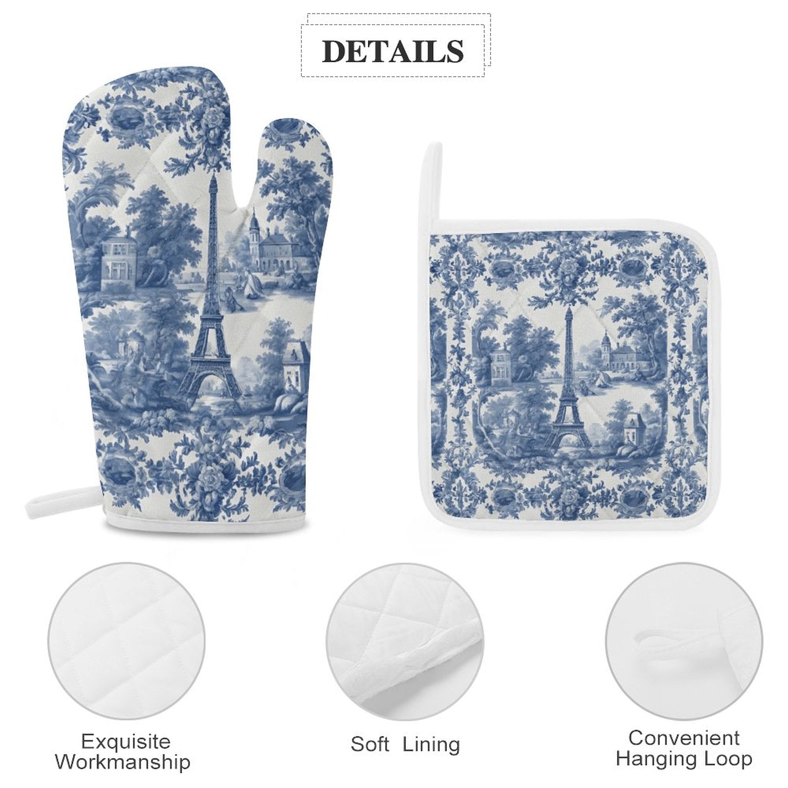 Oven mitt and pot holder with blue floral design on a white background
