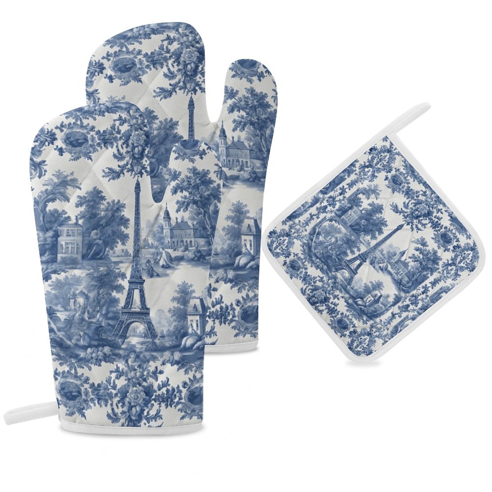 Oven mitt and pot holder with blue and white Eiffel Tower design on a white background