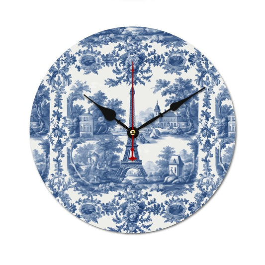 Wall clock with blue floral and Eiffel Tower design on a white background