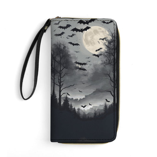 Full Moon Cloud of Bats Leather Wallet with Wristlet Strap