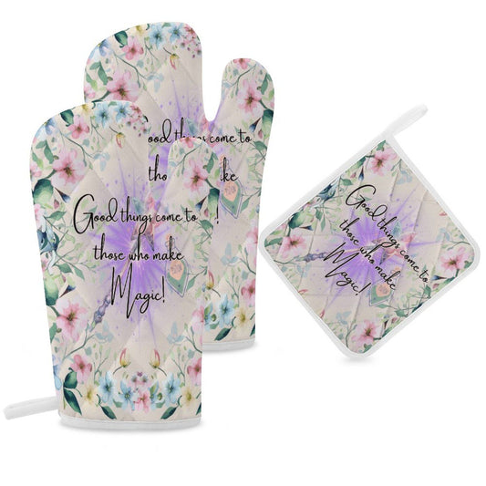 Good Things Magic Oven Mitt & Pad Set of 3, Witchcore Magic Floral Wiccan Kitchen Witch Pot Holder, Occult Pagan Witchy Decor, Kitchen Witch