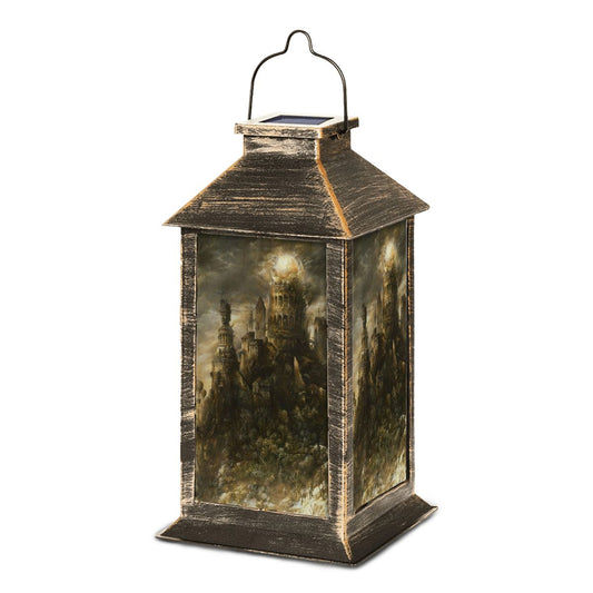 Decorative lantern with a castle design on a white background
