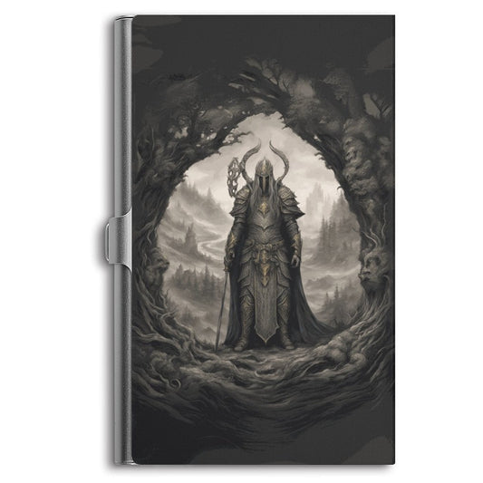 A business card holder with a dark, fantasy-themed artwork depicting a figure in a mystical setting.