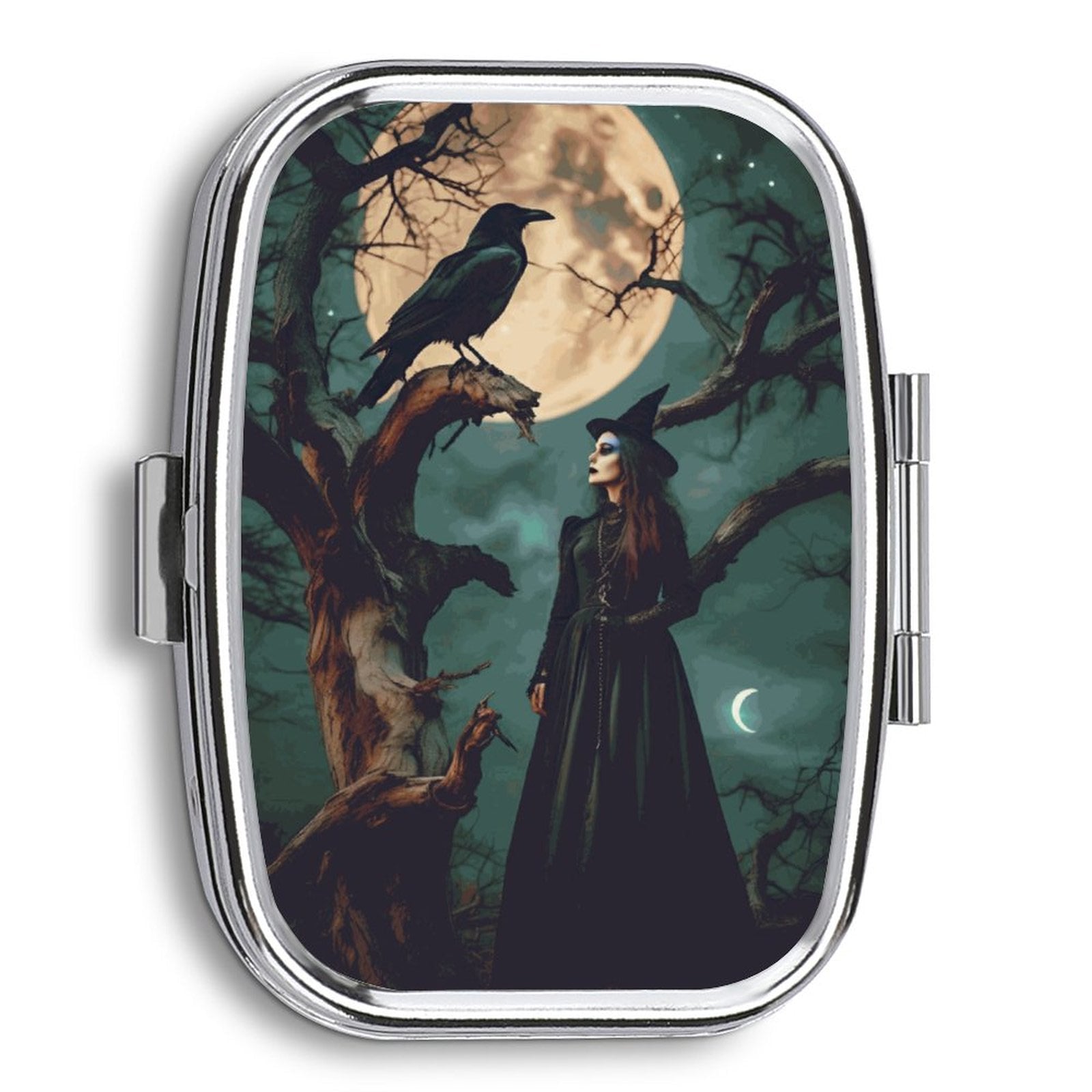Compact mirror with a witch and cats design against a moonlit night sky
