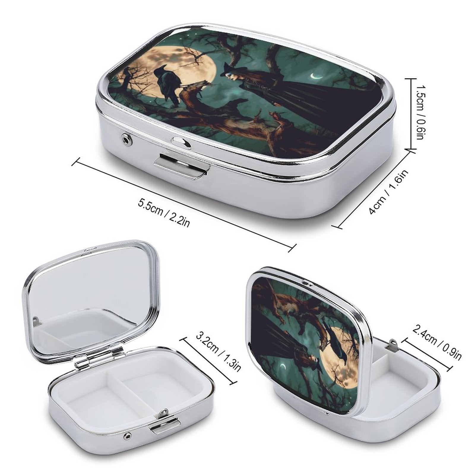 Rectangular jewelry box with artistic design, dimensions shown